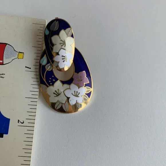 Vintage Floral Cloisonne Enamel Open Cut Earrings - Picture 5 of 5